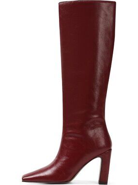 Women's Burgundy Square Toe Chunky Heeled Boots with Side Zipper Tall Boots